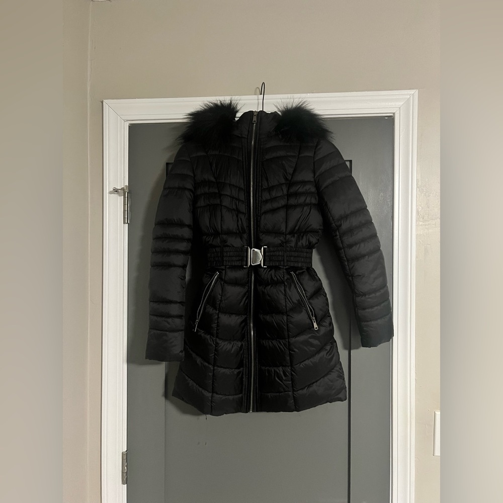 LA Coalition Belted Puffer Jacket with Detachable Faux Fur Hood